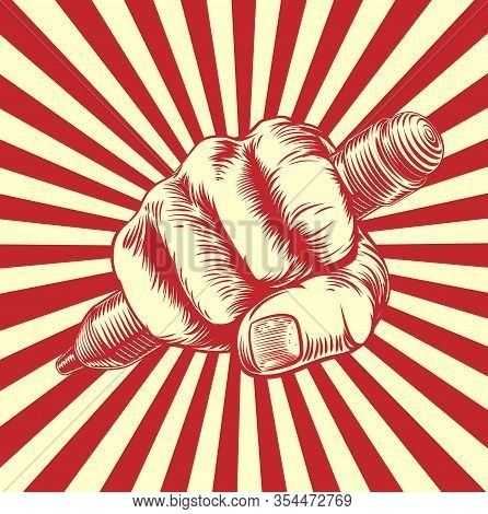 Illustration Of A Fist Holding A Pencil In Vintage Propaganda Poster Woodcut, Woodblock Or Etching S