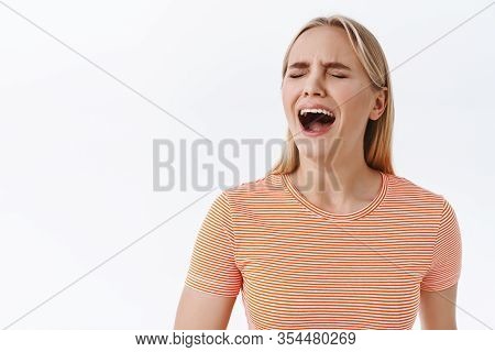 Miserable Sad Young Whining Blond Girl Acting Immature, Close Eyes And Shouting, Crying Heart Out Fe