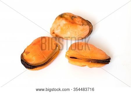 Mussels Without Shell Isolated On White Background.