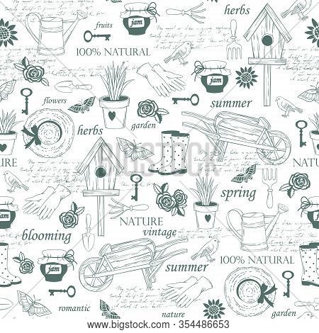 Seamless Pattern With Garden Accessories, Plants And Tools. Linen Hand Drawn Illustrations On White 