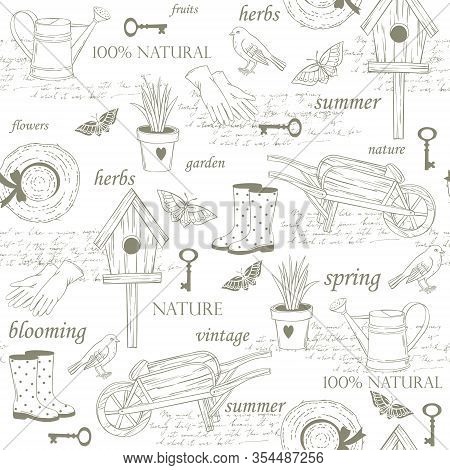 Seamless Pattern With Garden Accessories, Plants And Tools. Linen Hand Drawn Illustrations On White 