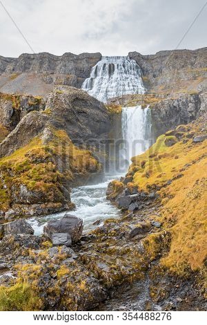 Westfjords Of Iceland Göngummanafoss And Dynjandi Waterfall During Rainy Weather In Autumn