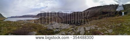 Westfjords Of Iceland Göngummanafoss And Dynjandi Waterfall Panorama Of Fall And Fjord During Autumn