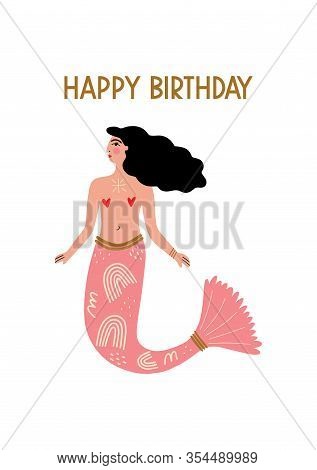 Cartoon Color Card With Cute Flat Cartoon Sea Mermaid Or Serena Illustration. Perfect For Invitation