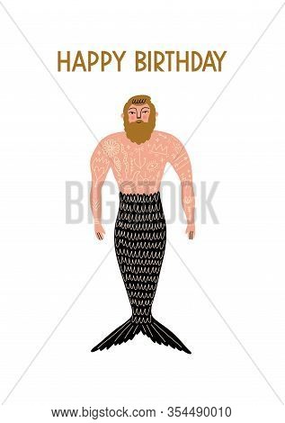 Cartoon Color Card With Cute Flat Cartoon Sea Boy Mermaid Or Merman Illustration. Perfect For Invita