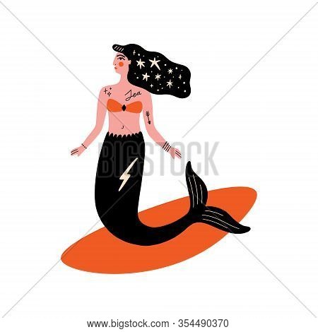 Cartoon Color Card With Cute Flat Cartoon Sea Mermaid Or Serena Illustration. Perfect For Invitation