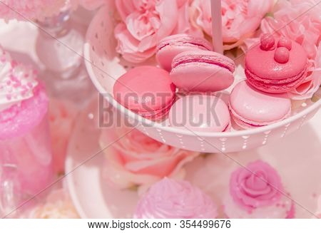Close Up Pink Magaroons Dessert In Basket Showcase At Bakery Shop In [ink Theme