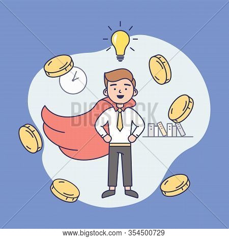 Concept Of Creativity, Business Success. Happy Young Businessman With Lots Of Gold Coins Flying Arou
