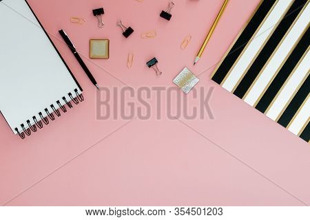Mockup Planner Flat Lay, Top Horizontal View Pink Background. Notepad And Notebooks With Stationary.