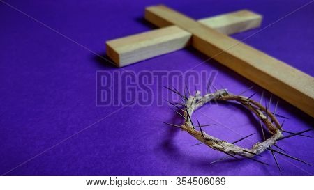 Lent Season,holy Week And Good Friday Concepts - Image Of Crown Of Thorns In Purple Vintage Backgrou