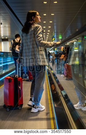 Woman On Moving Walkway, Moving Sidewalk, Moving Pavement, Autopedescalator, Walkalator, Travelator,