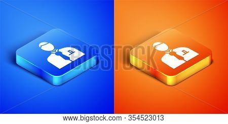 Isometric Businessman Or Stock Market Trader Icon Isolated On Blue And Orange Background. Square But