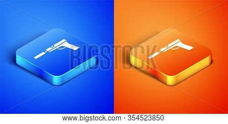 Isometric Pistol Or Gun With Silencer Icon Isolated On Blue And Orange Background. Square Button. Ve