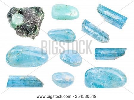 Set Of Various Aquamarine (blue Beryl) Gemstones Isolated On White Background