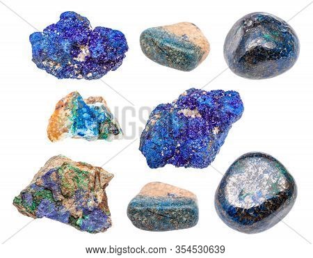 Various Azurite (chessylite) Gemstones Isolated On White Background