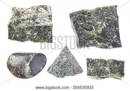 Set Of Various Dunite (olivinite) Rock Isolated On White Background