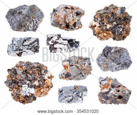 Set Of Various Galena (galenite, Lead Glance) Rocks Isolated On White Background