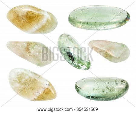 Set Of Various Prasiolite (green Quartz) Gemstones Isolated On White Background