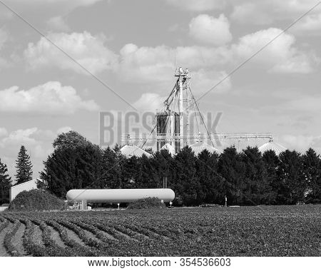 Black And White Photo Of A Farm And Field