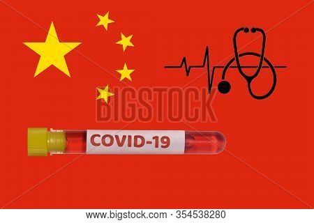 China Coronavirus Covid-19 World Outbreak Concept. Vacutainer Blood Tube With 2019-ncov Virus Positi