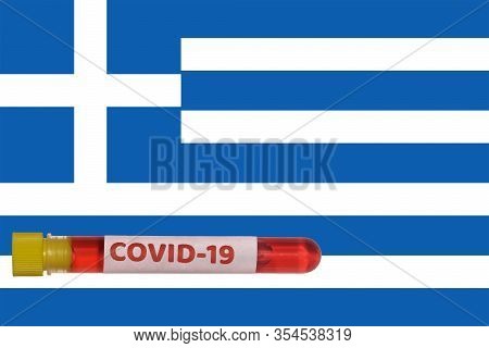 Greece Coronavirus Covid-19 World Outbreak Concept. Vacutainer Blood Tube With 2019-ncov Virus Posit
