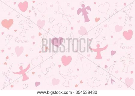 Pink Hearts Pattern. Doodle Illustration Of A Heart And Cupids On A Pink Background