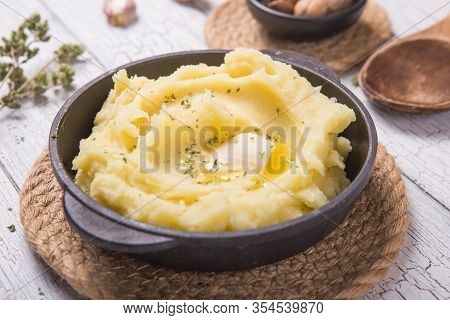 Fresh Homemade Creamy Mashed Potato In Bowl (selective Focus, Focus On The Tip In The Potato Puree)m