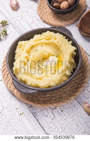 Fresh Homemade Creamy Mashed Potato In Bowl (selective Focus, Focus On The Tip In The Potato Puree)m