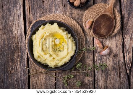 Fresh Homemade Creamy Mashed Potato In Bowl (selective Focus, Focus On The Tip In The Potato Puree)m