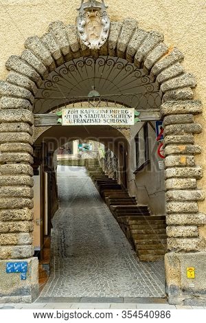 Old Stone Arch Entrance To The Climb Up The Kapuzinerberg For A City View In Salzburg, Austria. The 