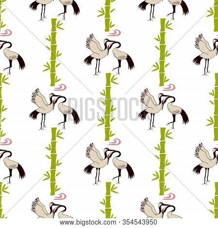 Botanical Floral Decoration Texture. Beautiful Abstract Pattern With Crane. Seamless Vector Bamboo B