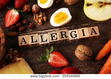 Allergy Food Concept. Allergy Food As Almonds, Milk, Cheese, Strawberry, Eggs, Peanuts And 
Crustace