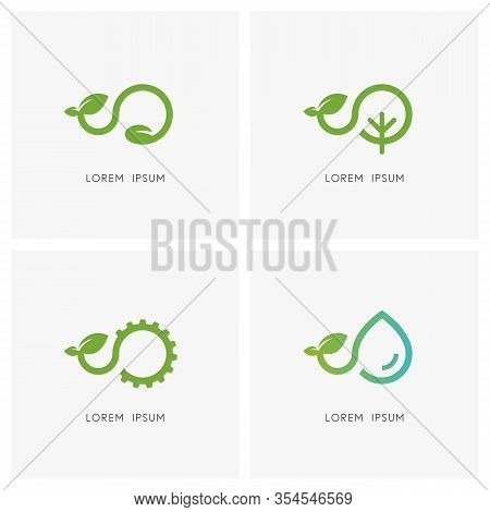 Green Sprout Logo Set. Seed, Tree, Gear Wheel, Drop Of Water And Plant Or Shoot With Leaves Symbol -