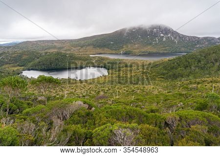 Serene Picturesque Moutnain Landscape With Amazing Eucalyptus Forest And Two Lakes. Epic Mountain, V