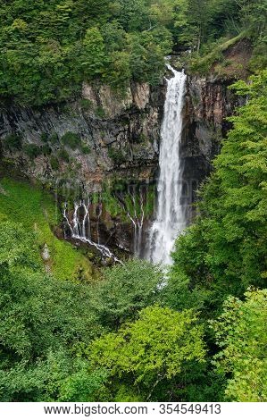 Waterfall In The Green Summer Forest Landscape. Kegon Falls In Nikko, Japan