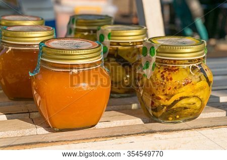 Darwin, Australia - June 1, 2019: Homemade Vegetable Preserves At Malak Farmers Market At Darwin. Fe