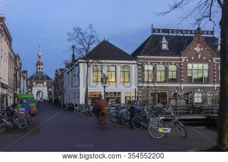 Leiden, Holland, Netherlands, January 16, 2020. The View Of Zijlpoort (east City Gate) In Leiden Con