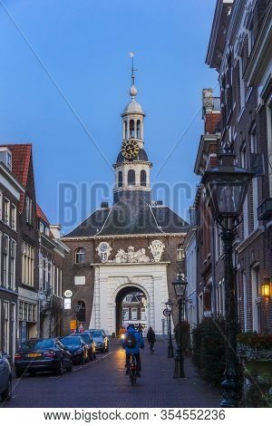 Leiden, Holland, Netherlands, January 16, 2020. The View Of Zijlpoort (east City Gate) In Leiden Con