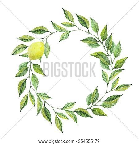 Wreath Of Leaves With One Lemon Fruit. Watercolor Hand Drawn Illustration. Ideal For Cards, Invitati