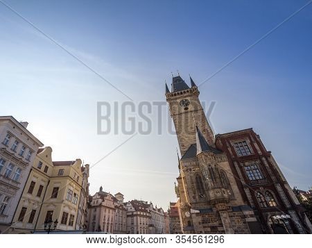 Panorama Of Old Town Square (staromestske Namesti) With A Focus On The Clock Tower Of Old Town Hall,