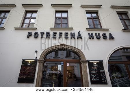 Prague, Czechia - November 5, 2019:  Potrefena Husa Logo In Front Of Their Local Restaurant In Pragu