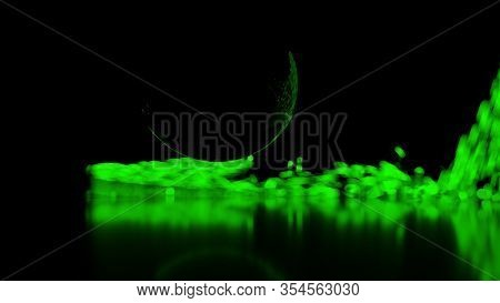 Abstract Stream Of Spherical Particles Reflected From A Large Black Circular Sphere. Paricles Are Gl