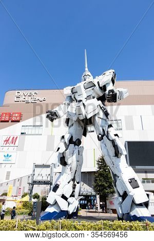 Tokyo, Japan - April 28, 2019, The Unidentified Traveler Look At Rx-0 Unicorn Gundam Statue In Norma