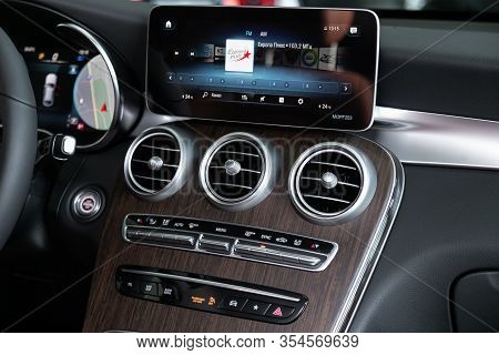 Novosibirsk, Russia - March 06, 2020:  Mercedes-benz  Glc-class,  Close-up Of The Central Control Pa