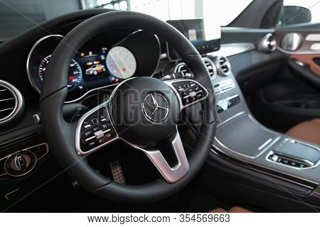 Novosibirsk, Russia - March 06, 2020:  Mercedes-benz  Glc-class, Luxury Car Interior - Steering Whee