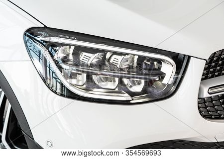 Novosibirsk, Russia - March 06, 2020:  Mercedes-benz  Glc-class,  Detail White  Light Close Up Of On