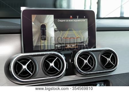 Novosibirsk, Russia - March 06, 2020:  Mercedes-benz X-class, Reverse Camera With Monitor, Close Up 