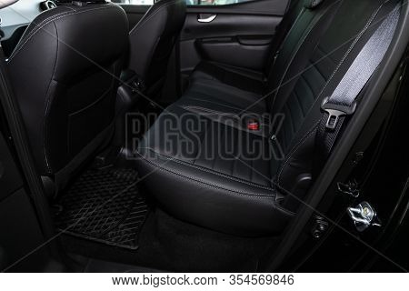 Novosibirsk, Russia - March 06, 2020:  Mercedes-benz X-class,  Rear Seat For Passengers In Black Lea