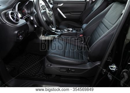 Novosibirsk, Russia - March 06, 2020:  Mercedes-benz X-class, Luxury Car Interior - Steering Wheel, 