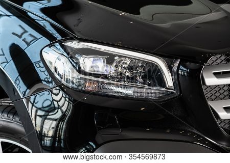 Novosibirsk, Russia - March 06, 2020:  Mercedes-benz X-class,  Detail Black  Light Close Up Of On Ne